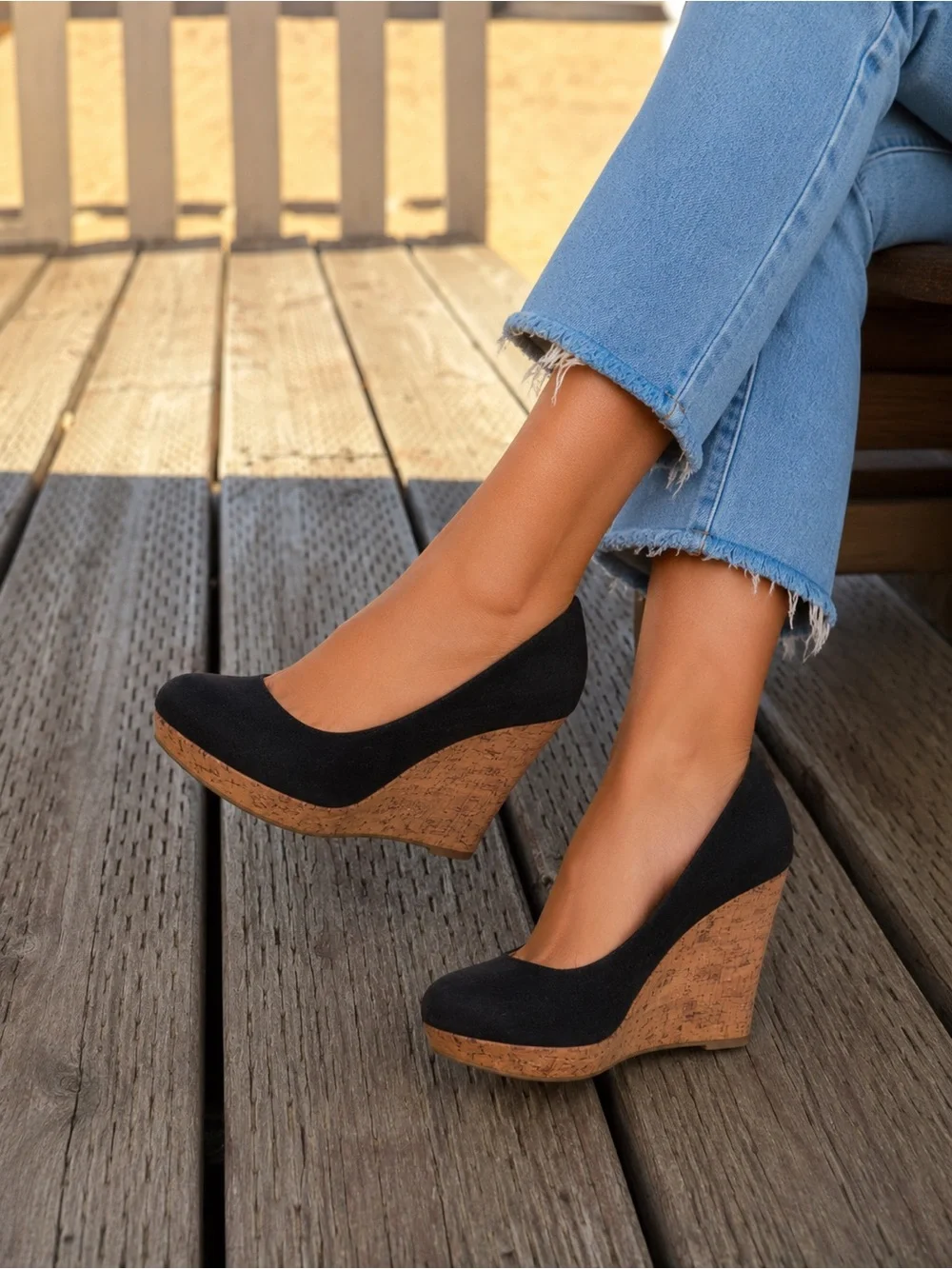 Black Suede Cork Wedge Pumps